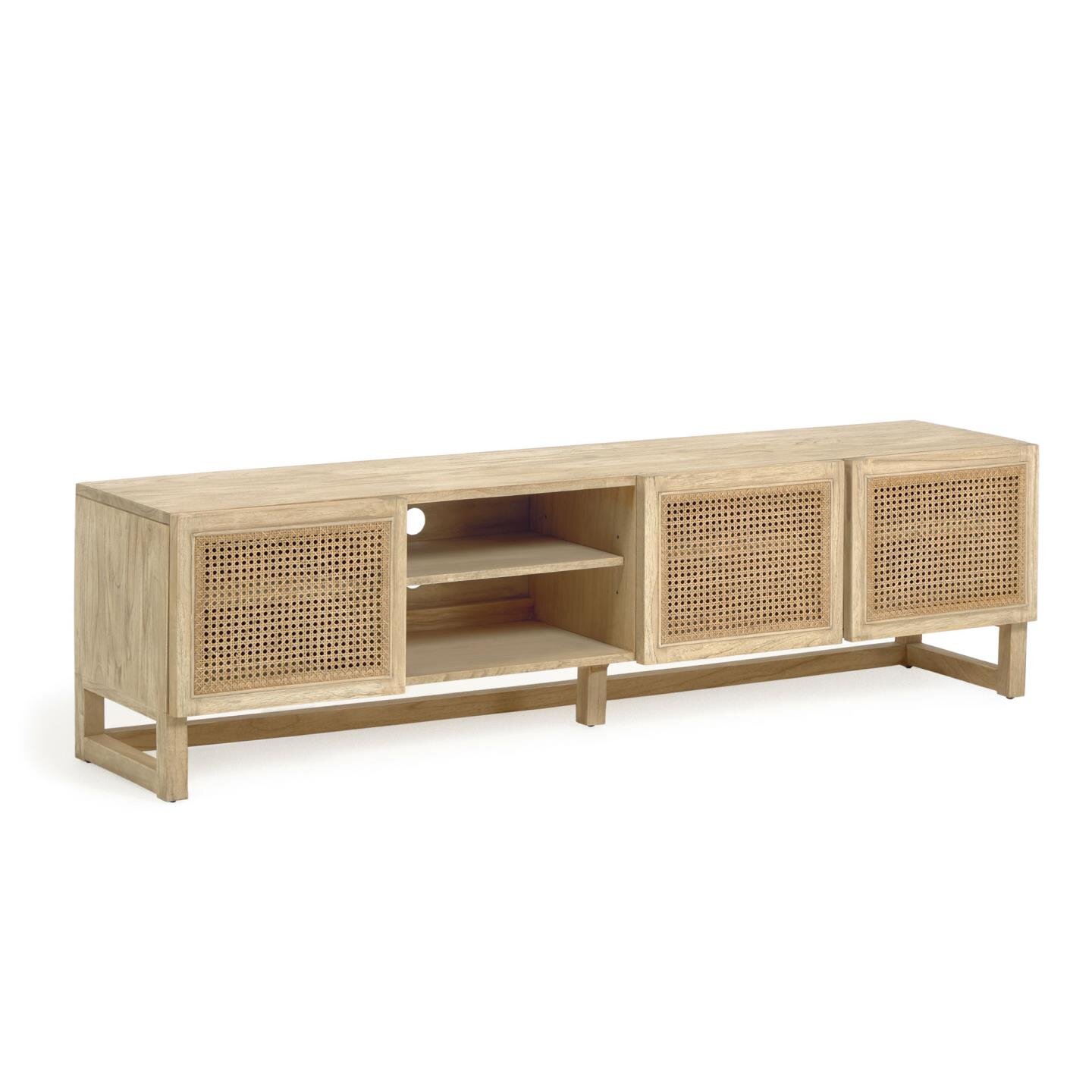 Mueble TV Rexit 3 puertas de madera maciza y chapa de mindi con ratán 180 x 50 cm