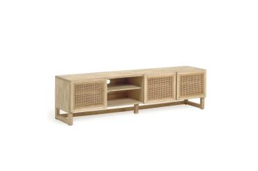 Meuble TV Rexit 3 portes en bois massif et placage de Mindy et rotin 180 x 50 cm