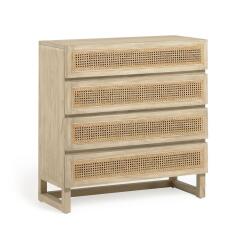 Cómoda Rexit 4 cajones madera maciza y chapa mindi con ratán 90 x 93 cm