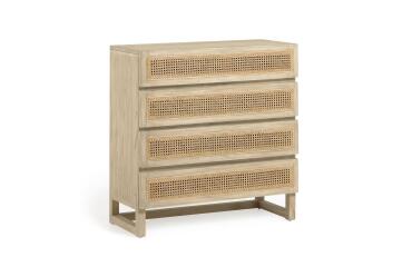 Cómoda Rexit 4 cajones madera maciza y chapa mindi con ratán 90 x 93 cm