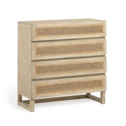 Rexit solid mindi wood and veneer chest of 4 drawers with rattan 90 x 93 cm