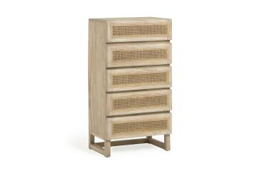 Cómoda Rexit 5 cajones madera maciza y chapa mindi con ratán 60 x 113 cm