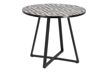 Table ronde Tella - structure céramique motif blanc et noir et pieds en acier noir Ø 90 cm