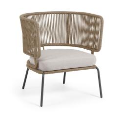 Sillón Nadin de cuerda beige y patas de acero galvanizado