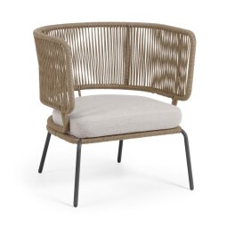 Sillón Nadin de cuerda beige y patas de acero galvanizado