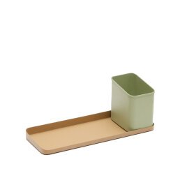 Set Moka de pot à crayons et plateau bureau en métal vert et marron