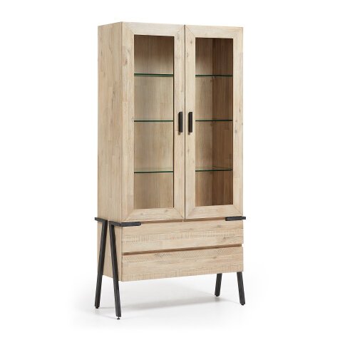 Thinh solid acacia wood display cabinet with steel legs in a black finish, 95 x 187 cm