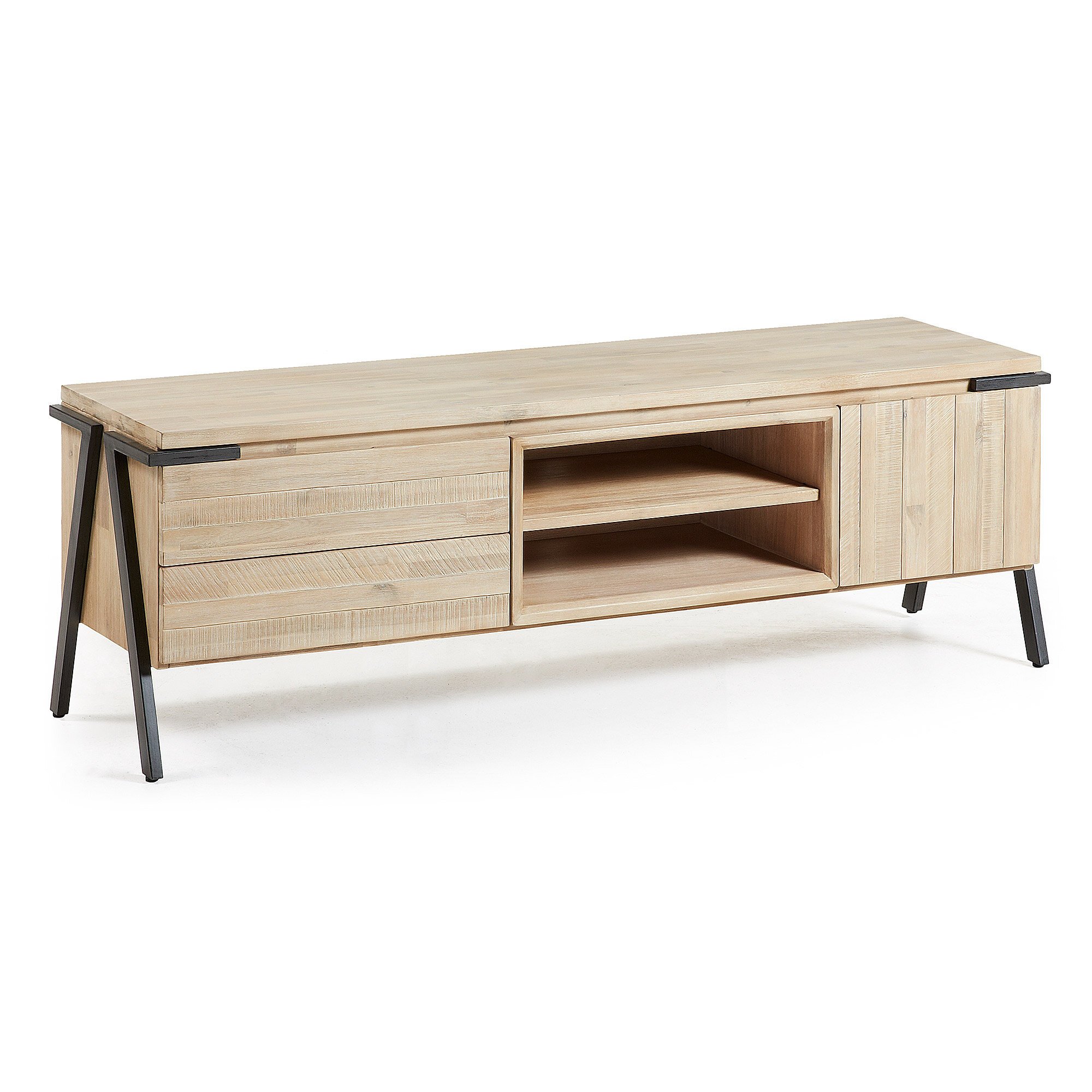 DE_Meuble TV Thinh 1 porte et 2 tiroirs bois massif acacia et acier finition noire 165x53 cm