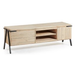 Mueble TV Thinh 1 puerta y 2 cajones madera maciza acacia y acero acabado negro 165x53 cm