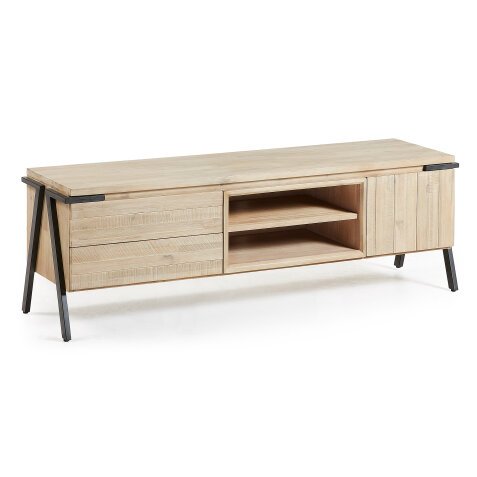 DE_Meuble TV Thinh 1 porte et 2 tiroirs bois massif acacia et acier finition noire 165x53 cm