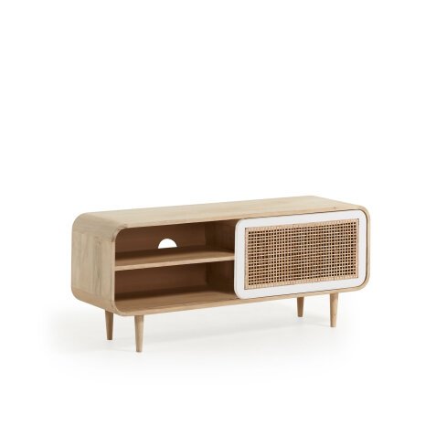 Georg solid mango wood single door TV stand with cane, 120 x 50 cm