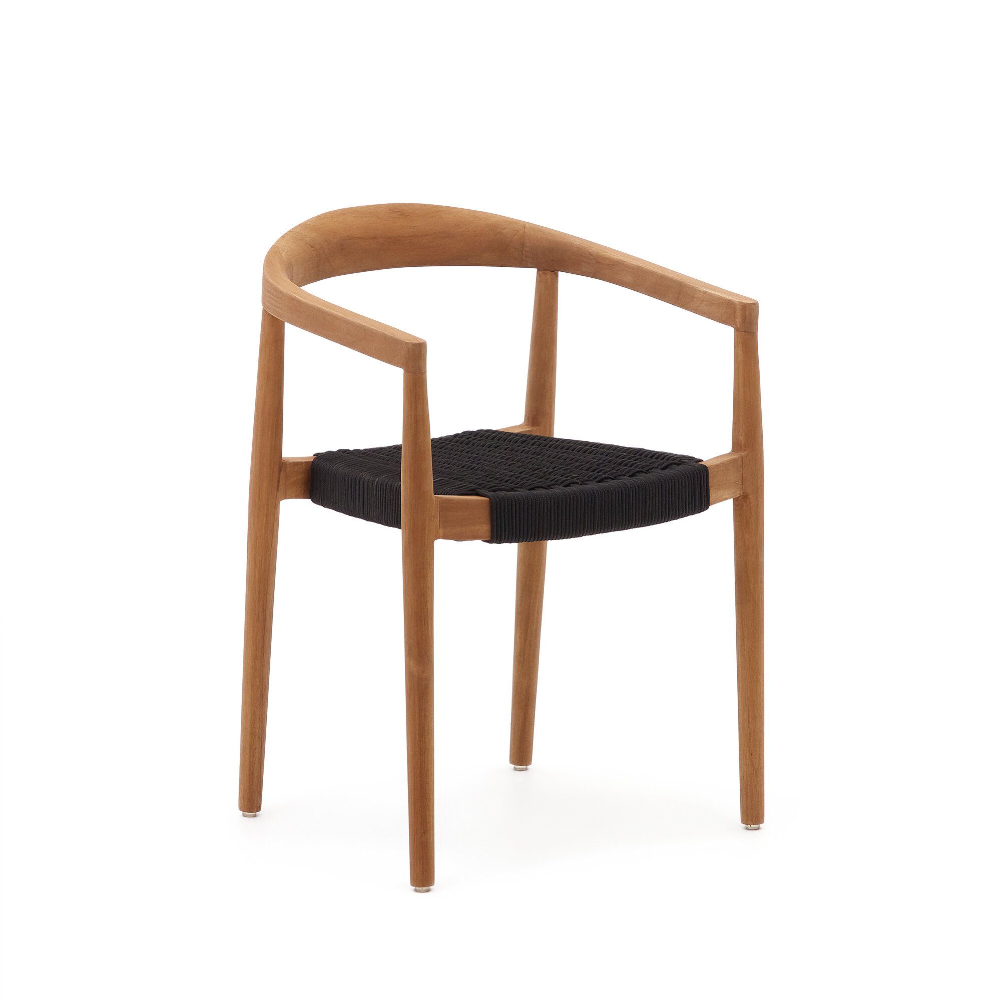 Ydalia stackable outdoor chair in solid teak wood with natural finish and black rope