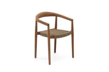 Ydalia stackable outdoor chair in solid teak wood with natural finish and beige rope