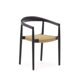 Ydalia stackable outdoor chair in solid teak wood with black finish and natural rope