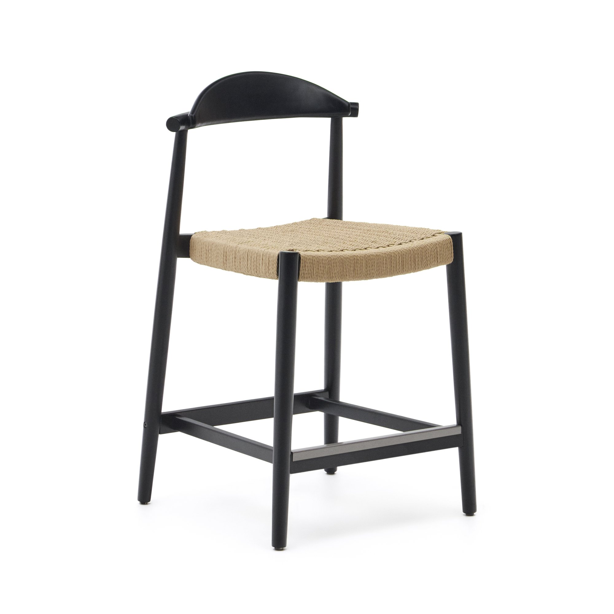 Nina stool made of solid acacia wood with black finish and beige rope height 62 cm