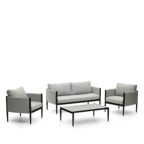 Ensemble Satuna 2 fauteuils, canapé 2 places et table basse en métal finition émaillée