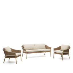 Set Pola 2-zitsbank en 2 fauteuils in massief eucalyptushout en kunststof rotan FSC