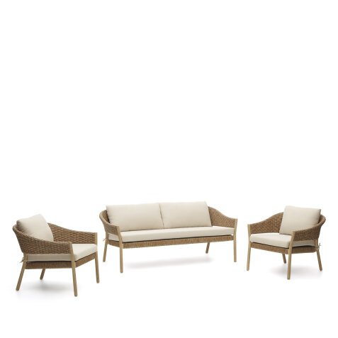 Pola set, 2 seater sofa & 2 armchairs in solid eucalyptus and faux-rattan, FSC