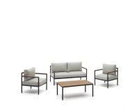 Set Aiguafreda de sofá 2 plazas, 2 sillones y mesa aluminio gris y madera acacia FSC 100%