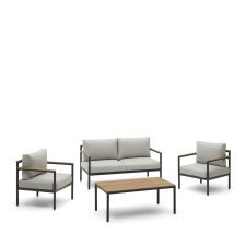 Set Aiguafreda van 2 zitsbank, 2 fauteuils en salontafel in grijs aluminium en acaciahout.