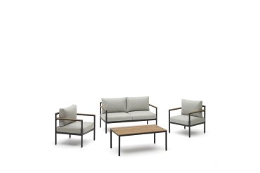 Aiguafreda set, 2 seater sofa, 2 chairs & coffee table made from grey aluminium & acacia