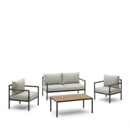 Set Aiguafreda de sofá 2 plazas, 2 sillones y mesa aluminio gris y madera acacia FSC 100%