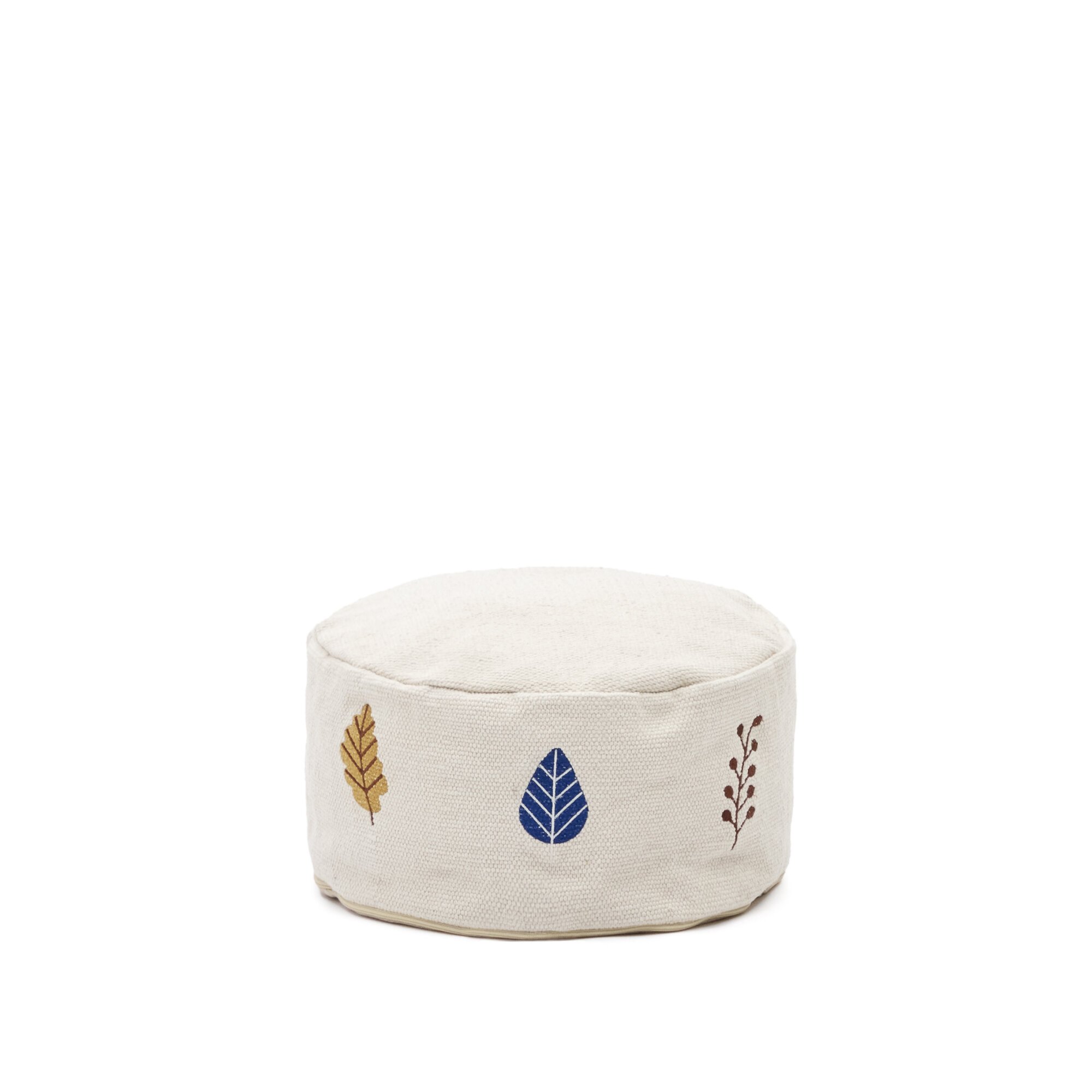 DE_Pouf Yanil 100% en coton blanc avec broderie de feuilles multicolore Ø 40 cm