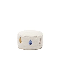 Pouf Yanil 100% en coton blanc avec broderie de feuilles multicolore Ø 40 cm