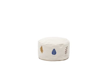 Pouf Yanil 100% en coton blanc avec broderie de feuilles multicolore Ø 40 cm