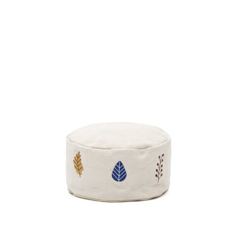 DE_Pouf Yanil 100% en coton blanc avec broderie de feuilles multicolore Ø 40 cm