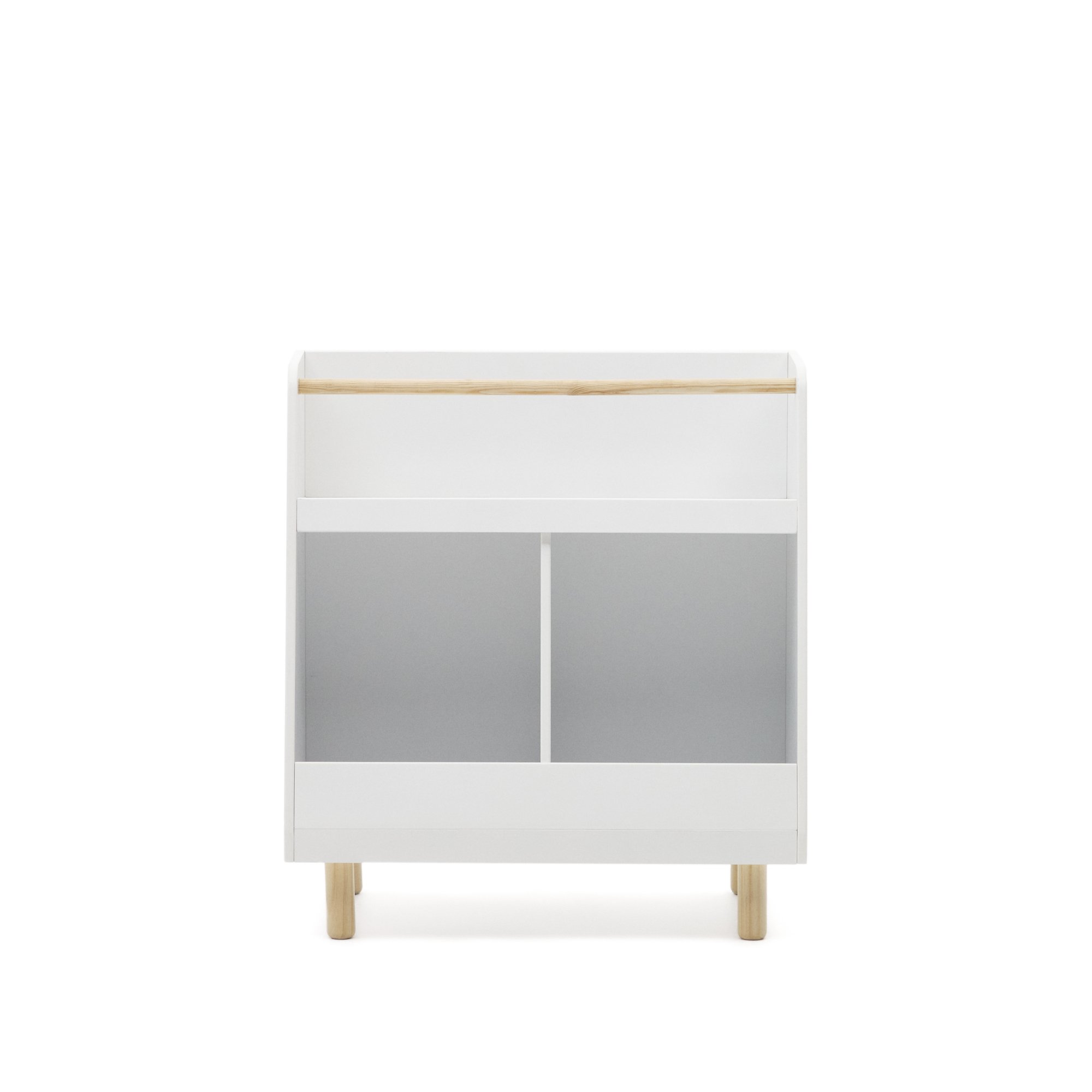 Librería Serwa de MDF blanco con patas y barra de madera maciza de pino FSC MIX Credit