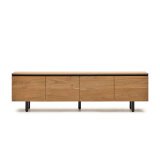 Uxue TV stand with 4 solid acacia wood doors in a natural finish, 200 x 58 cm