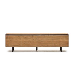 DE_Meuble TV Uxue 4 portes en bois d'acacia massif finition naturelle 200 x 58 cm