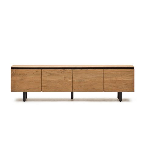 Uxue TV stand with 4 solid acacia wood doors in a natural finish, 200 x 58 cm