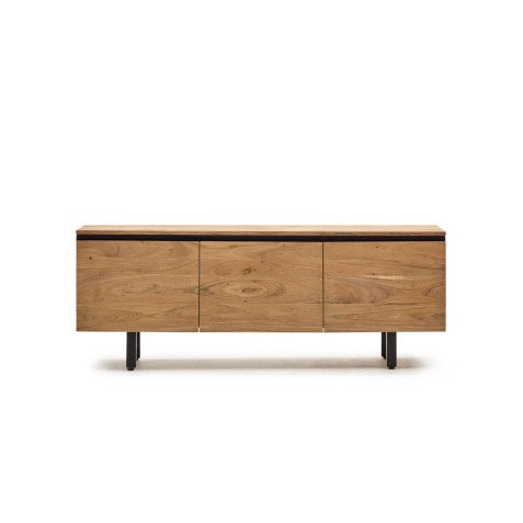 Uxue TV stand with 3 solid acacia wood doors in a natural finish, 150 x 58 cm