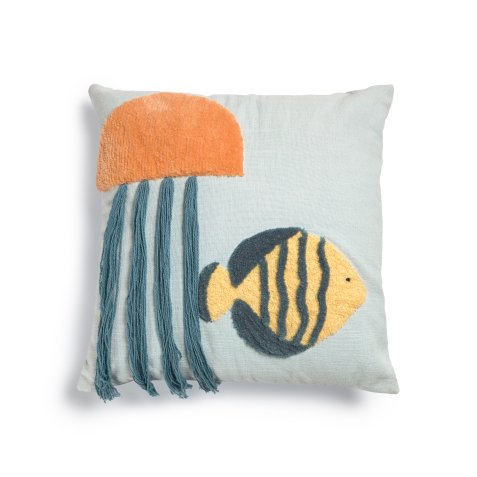 Cordelia 100% blue cotton cushion cover with multicolour marine animals, 45 x 45 cm