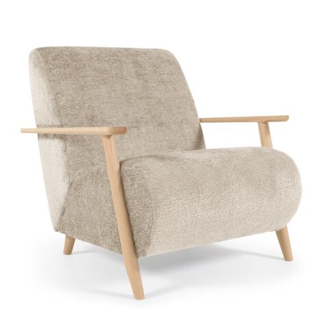 Meghan armchair in beige chenille and wood with natural finish