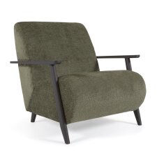 Fauteuil Meghan en chenille verte et bois finition wengé