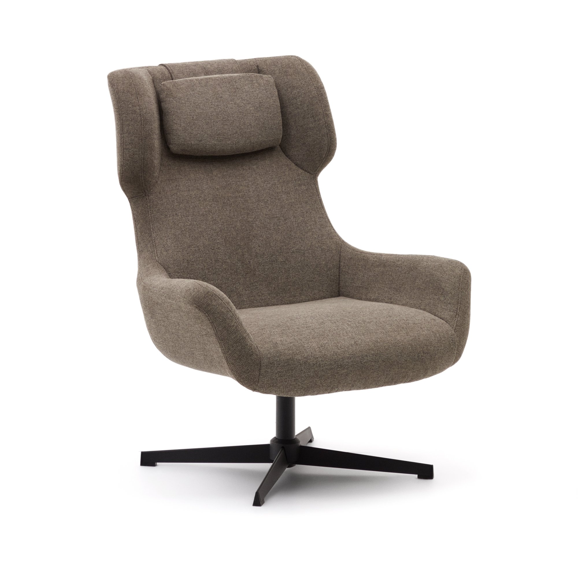 Fauteuil giratoire avec accoudoirs Zalina en chenille marron clair et acier avec finition noire