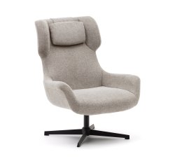 Butaca giratoria con brazos Zalina de chenilla beige y acero con acabado negro