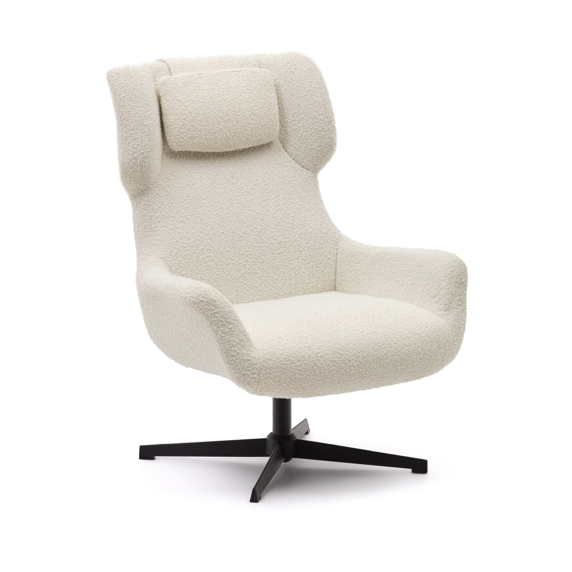 Fauteuil giratoire avec accoudoirs Zalina en bouclette blanche et acier avec finition noire