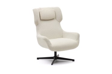 Fauteuil giratoire avec accoudoirs Zalina en bouclette blanche et acier avec finition noire