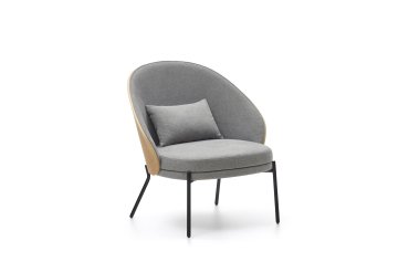 Eamy light grey armchair in an ash wood veneer with a natural finish and black metal