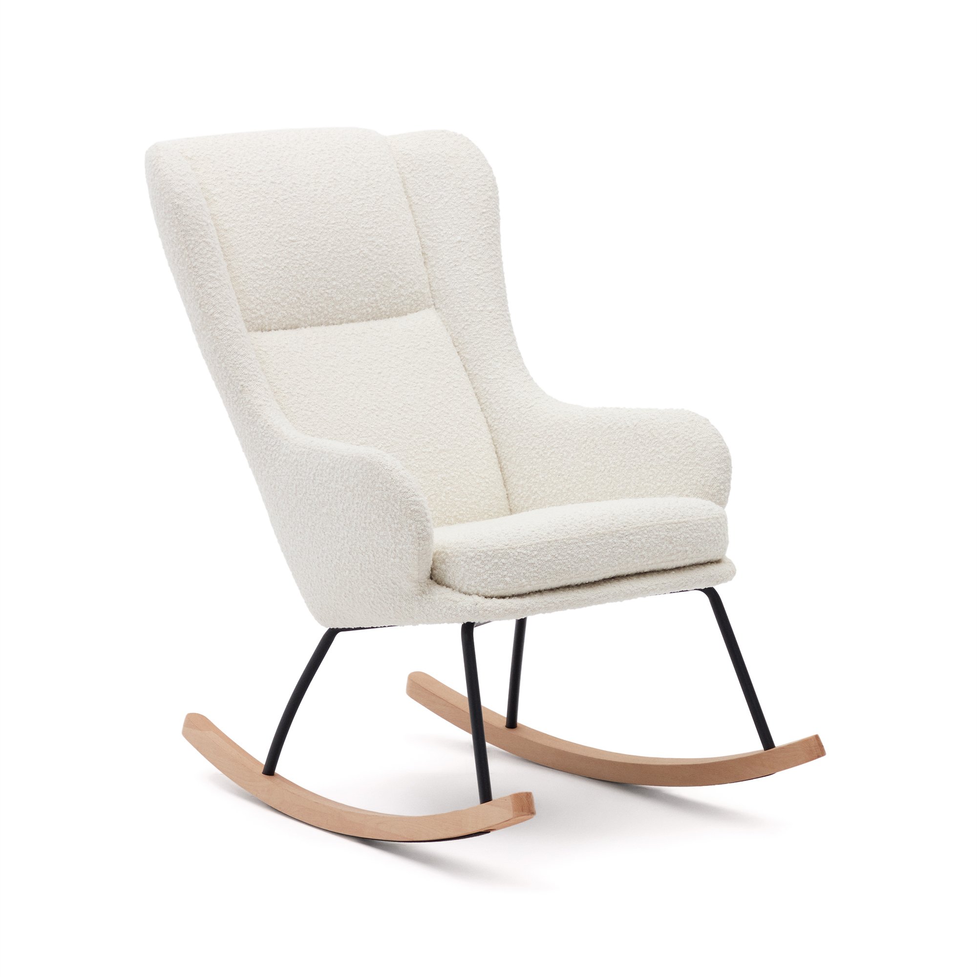 Maustin rocking chair in white shearling with a black steel structure and beech wood