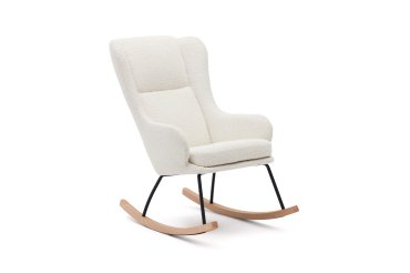 Fauteuil à bascule Maustin en bouclette blanc et structure en acier noir et bois de hêtre