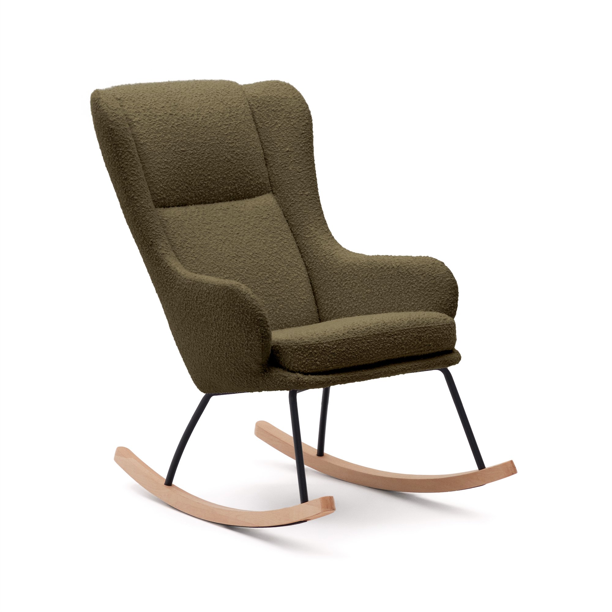 Fauteuil à bascule Maustin bouclette vert foncé et structure en acier noir et bois de hêtre