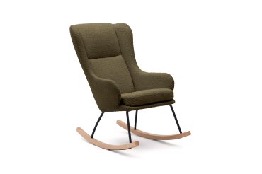 Fauteuil à bascule Maustin bouclette vert foncé et structure en acier noir et bois de hêtre