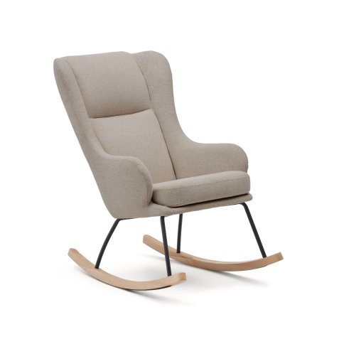 DE_Fauteuil à bascule Maustin chenille beige et structure en acier noir et bois de hêtre