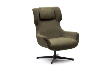 Fauteuil giratoire avec accoudoirs  Zalina en bouclette verte foncée et acier avec finition noire