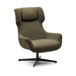 Fauteuil giratoire avec accoudoirs  Zalina en bouclette verte foncée et acier avec finition noire